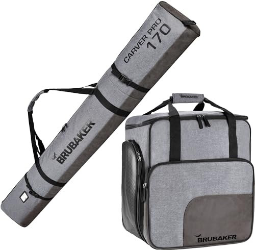 BRUBAKER Kombi Set Carver Performance - Skisack und Skischuhtasche für 1 Paar Ski + Stöcke + Schuhe + Helm - Grau meliert Schwarz - 170 cm