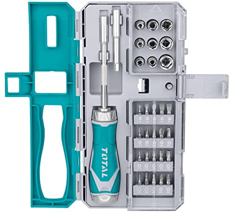 TOTAL - Destornillador de Carraca con Juego de 33 Puntas y Vasos - 5 Puntas Planas, 5 Puntas Phillips, 2 Puntas Pozidrive, 5 Puntas Torx, 3 Puntas Hexagonales - Adaptador Quick - 9 Casquillos 1/4