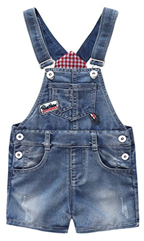 KIDSCOOL SPACE Salopette di Jeans per Neonata, Shortall in Denim Strappato,Blu,6-7 Anni