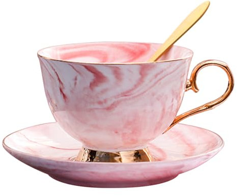 Porcelain Tea Cup Coffee Mug Set for Morning Tea - with Coffee Cup + Saucer + Teaspoon, 200ml (Pink)
