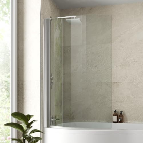 6mm Curved Edge Toughened Safety Glass Over Bath Frameless Shower Screen Panel Shower Door Chrome Pivot Hinged 850mm