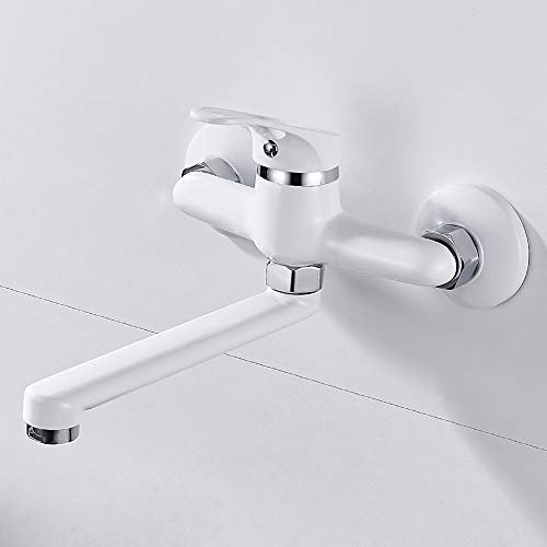 Grifo de cocina, grifo de pared con caño largo, grifo monomando de cocina, giratorio 360°, cromo acero inoxidable y latón (blanco)