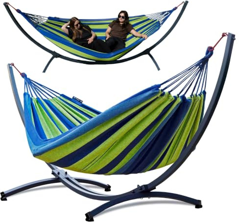 Potenza Hamaca con Soporte Incluido en Jardin, de Tela Multicolor, para 2 Personas Doble I Grande Soporte Capacidad de 220 Kg I Hamaca 220x160 cm (Verde, Básico Soporte Grafito)