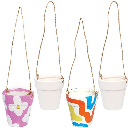 Baker Ross FC807 Garden Ceramic Hanging Flowerpots - Pack of 4, Craft Kits for Kids, Plant Pot Painting, Ceramics Crafts