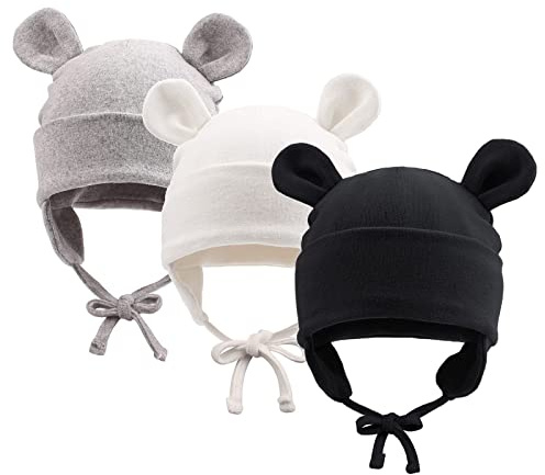Pesaat bomull första mössor 0–12 månader, babymössa nyfödda flickor pojkar baby beanie nyfödd mössa med öron och band, sommar, vår, vinter, Vit + grå + svart, 6-12 månader