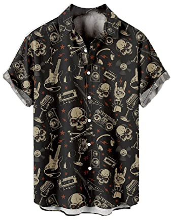 CARNOBA Herrenhemd mit 3D-Druck Retro Rose Totenkopf Kurzarm Revershemden Sommer Regular Button Strandhemd Lässige Hawaii-Oberteile