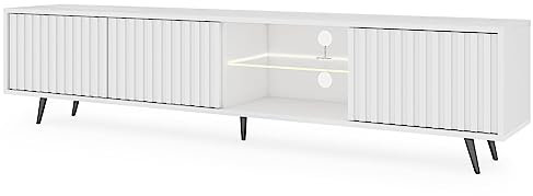 Selsey TV Schrank Board Sideboard Fernsehtisch Fernsehschrank Mit Lamellen Und LED Beleuchtung 175 cm Schwarze Beine Weiß Bello