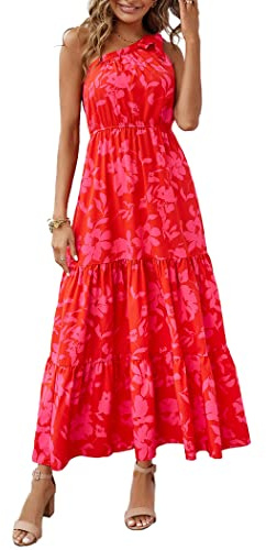 PRETTYGARDEN Women's Summer Floral Maxi Dress Knot One Shoulder Sleeveless Ruffle Flowy Boho Beach Wedding Guest Dresses (Red Floral,Small)