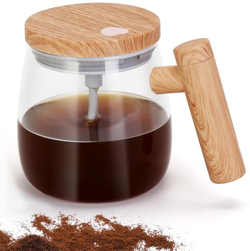VAlinks Self Stirring Coffee Mug, Glass Electric Self Mixing Cup with Lid & Handle, 400ml Auto Self Stirring Cup to Stir Coffee, Mixed Milk, Powder (Need 2*AAA Battery)