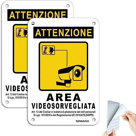 SINMAO Cartello Videosorveglianza Alluminio 10x15 | Area Videosorvegliata Cartello Alluminio Adesivo con 2022 GDPR 2 pezzi