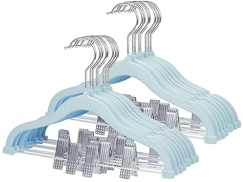 MangoKit 16 Pack Trouser Hangers with Movable Clips,Baby Velvet Hanger,Kids Clothes Hangers, Swivel Hook,Non Slip,Space-Saving Children's Coat Hangers for Skirts,Pants,Dresses,Jackets(30cm Blue)