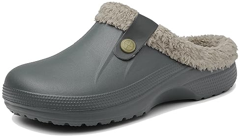 Meik Mangni Clogs Gefüttert Damen Herren Winter Gartenclogs mit Fell Warm Hausschuhe Frauen Geschlossen Pantoffeln rutschfeste Plüsch Pantoletten,Grau Gr.39-40 EU
