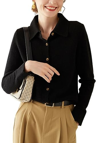DISSA Gilet Cachemire Femme Col Revers Ajusté Boutonné,Noir,42