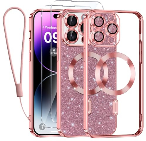 Kokio Magnetica per iPhone 14 Pro Max Cover Glitter,Con 2 * Vetro Temperato e 1* Cordini,Compatibile con MagSafe,Glitterata Custodia per Womem Girl,Con Protezione dell Obiettivo Fotocamera,Rosa