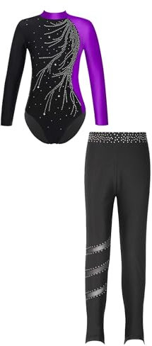 Alvivi Kinder Mädchen Turnanzug Gymnastikanzug Ballettanzug Langarm Tanzbody mit Leggings Hose Sport Trainingsanzug Wettkampf Lila&Schwarz 170-176