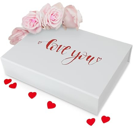 Verpackungswelt Geschenk-Box mit Deckel Love you | 23x17x5 cm | Perfekt für Valentinstag & Geburtstag | Geschenk-Karton mit Magnet-Verschluss | Geschenk-Verpackung in Weiß mit Aufschrift in Rot
