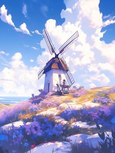 Taxpy Bilder für die Wand Windmühle im Blumenfeld,E,80 * 100cm Wandbild Poster Kunstdruck Als Leinwandbild Wandbild Leinwandbild mit Kunstdruck