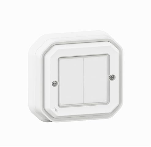 LEGRAND, Plexo New Feuchtraum-Connected-Smart-Home-Doppelschalter, Wandsender, Aufputz-Schalter, An-Aus, batteryless technology, Home+Control-App, IP55 - IK07 wasser- und stoßfest, Weiß, 069835L
