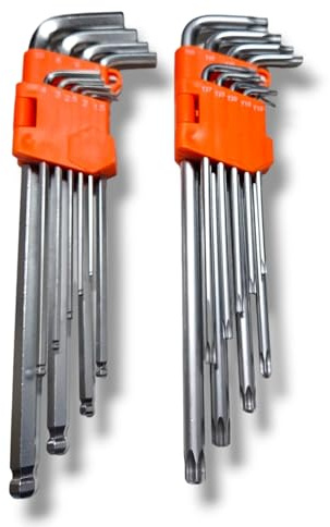 Terryshop74 18 Chiavini lunghi 9 ball point + 9 torx con foro centrale acciaio cromo vanadio con 2 raccoglitori