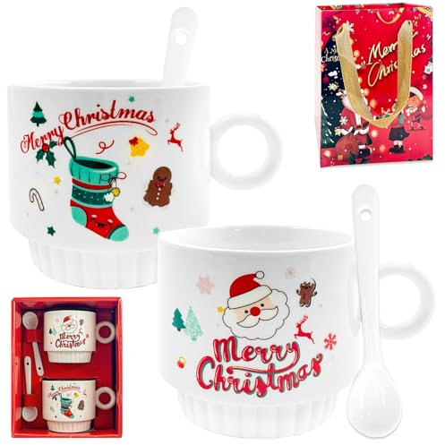 Weihnachtstasse Tassen 2er Set Merry Xmas Tee Tasse,Lustige Geschenke Weihnachtsdeko Paar Tassenpaare Becher-Geschenk-Set，Weihnachtstassen Weihnachtsmann + Weihnachtsstrumpfmuster, 260ML