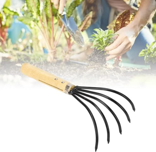 Rastrillo de Mano para Jardín, Diseño Ergonómico, Cultivador de Garras, 5 Púas de Acero, de Madera, Labranza, Aflojamiento del Suelo (Corto)
