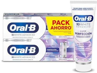 Oral-B 3D White Advanced Luxe Perfection Pasta De Dientes Blanqueadora, Pack 2x75 ml, Blanqueamiento Avanzado, Dentífrico Con Flúor, Sabor a Hierbabuena Fresca