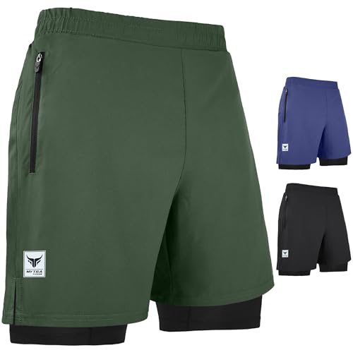 Mytra Fusion löparshorts herr 2 i 1 gymshorts för flera användningsområden Andas och lätt, snabbtorkande träningsshorts för fitnessträning (DE/NL/SE/PL, Alfa, S, Regelbunden, Regelbunden, Olive)