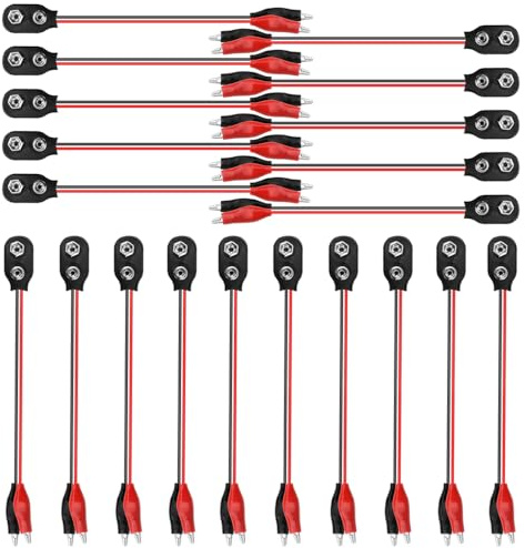BGTXINGI 20Pcs 9V Battery Snap to Alligator Clips Cable T-Type Battery Clip Buckle Connector Positive Negative Snap Lead Wire with Dual Alligator Clips Leads (15cm)