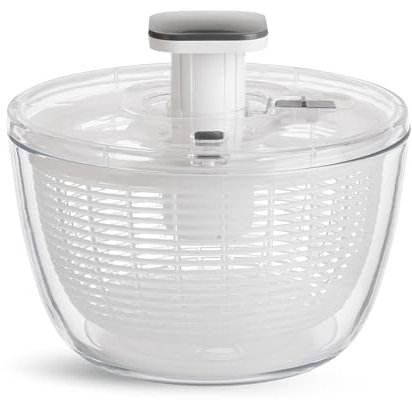 JARELLI Glass Salad Spinner with Storage Lid, 6 Quart Borosilicate Glass Bowl, Push Button Drying Lid, BPA-Free Draining Basket Doubles as Serving Bowl & Colander, Lettuce, Vegetable, & Fruit Washer