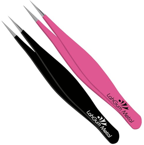 LahGum Metal Ultra Fine Sharp Pointed Tweezers Precision, Needle Nose Pointy Tweezers for Ingrown Hair Removal Kit, Black & Pink, 2-Piece