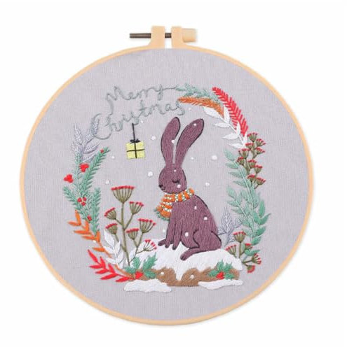 Meecaa Stickset mit Kaninchen-Blumen-Hasen-Motiv, Handstickerei-Set, gemustertes Kreuzstich-Set für Anfänger und Erwachsene, mit Stickrahmen und Anleitung (Kaninchen)