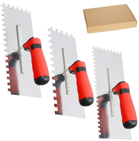 Ensemble de 3 Truelles Crantées en Acier Inoxydable, Truelle de lissage en Acier Inoxydable avec Crans de 6/8/10 mm, Truelle Crantée Antirouille avec Manche pour L'application D'enduits