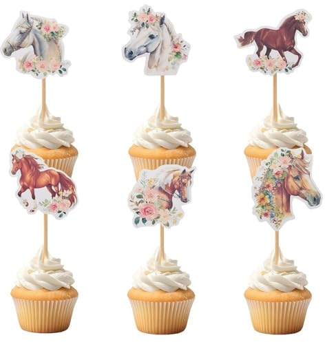 12 Stück Tortendeko Pferd Cupcake Topper Pferd Kuchendeckel Pferde Geburtstagsdeko Cake Toppers Cupcake Picks mit Tiermotiv Reitsthema Thema Western Cowboy alles Gute zum Geburtstag Jubiläum