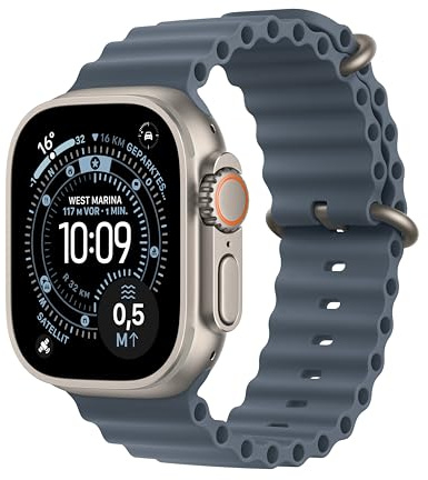 Apple Watch Ultra 3 GPS + Cellular 49 mm Premium Smartwatch für Lauftraining und Kombinationssport mit robustem Titangehäuse in Natur und Ocean Armband in Maritimblau