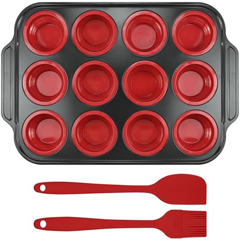 Silicone Muffin Pan Set, Reinforced Metal Frame Cupcake Baking Pan with Brush & Scraper 12-Cup Muffin Tin, Silicone Muffin Pan for baking for Toast Cupcakes Brownies Canele Mold Oven Dishwasher Safe