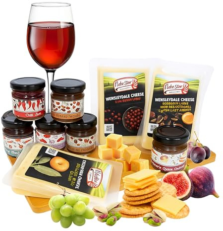 Cheese Wedges, Chutney & Cheeseboard Set - A Selection of 3x150g Cheddar with Onion Sage, Cranberries, Panettone Inspired Fruits, Board & 6 Chutney Jars. Great for Cheese Gifts, Hampers