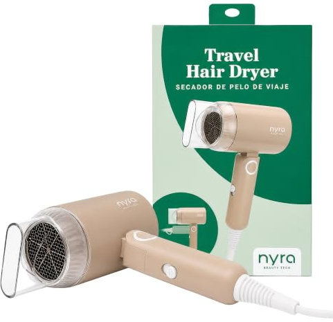 Nyra Secador de Pelo Travel Plegable | Secador Compacto de Viaje 1500W con Motor DC | 2 Velocidades y 2 Temperaturas | Voltaje 220-240V | Cable 1.8 m | Clase Eléctrica II