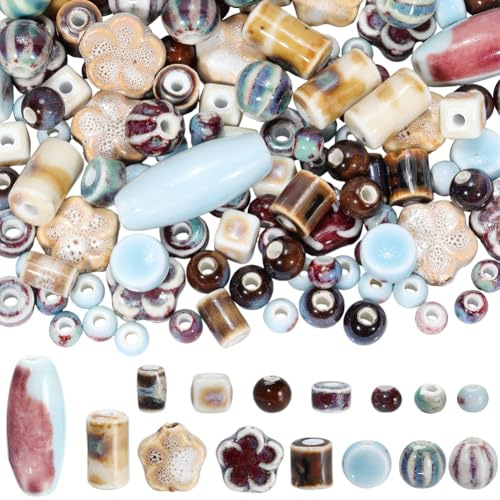 SUNNYCLUE 1 Box 134pcs 15 Styles Porcelain Beads Ceramic Beads Small Assorted Vintage Boho Printed Painted Colorful Smooth Floral Barrel Oval Spacers for Jewellery Making Bracelets Necklace Earrings