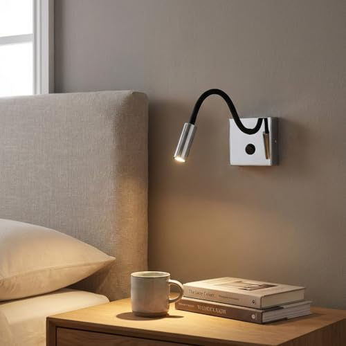 Barcelona Hale LED-Wandleuchte, flexibel, 3 W, aus verchromtem Aluminium und schwarzem Rohr, schwenkbar, mit Schalter, warmweißes LED-Licht, klassisch, modern, Vintage und Luxus