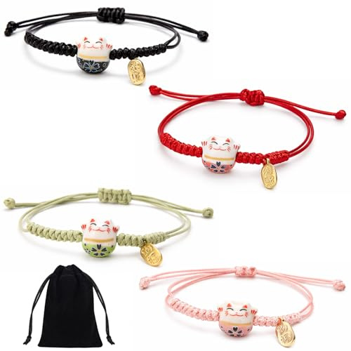 BAUCH 4 pcs bracelets chat Maneki Neko,Perles en céramique Mignon Chat porte-bonheur,Bracelets d'amitié tressés,pour adolescents, hommes et femmes