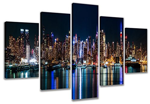 Visario Leinwandbild New York Skyline Nacht 200 x 100 cm 5-teilig Direktdruck auf Leinwand mit Holzrahmen Wandbild Kunstdruck XXL Wanddeko für Wohnzimmer Schlafzimmer Artikelnr. 6309