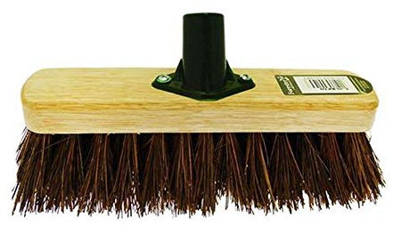 10” Broom Head with Natural Bassine Hard Bristle, Wooden Broom Head for Outdoor Sweeping Scrub Brush with Bracket Connector