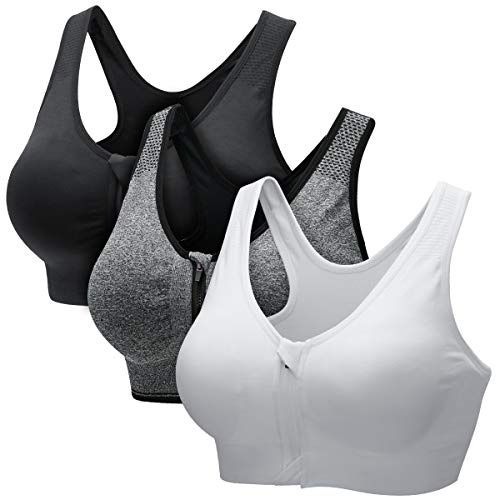 CARETOO Women's Sports Bra Front Zip Wireless Bras Shock Absorber Sports Bra, Stress Training Yoga Bustier with Removable Pads for Running Gym Fitness (Black & Grey & White, L)