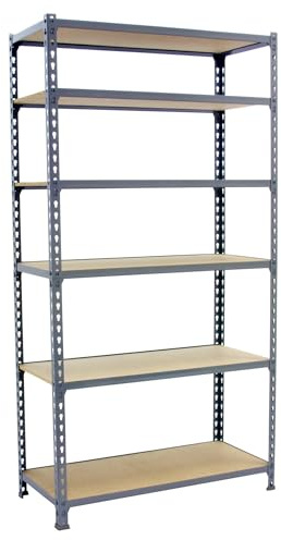 SimonRack Schwerlastregal, Lagerregal, 250x90x40 cm, Metallregal, Kellerregal, Biegestelle 150 kg, 6 Holzfachböden, Grau/Holz - Maderclick