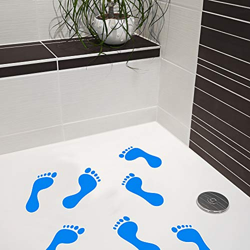 AnTina TAPES® Antirutsch Aufkleber Dusche Pads (8X Fußabdruck blau) | barfußfreundlich, für Dusche & Badewanne, pflegeleicht, wieder entfernbar, geprüfter Rutschschutz, inkl. Reinigungstuch