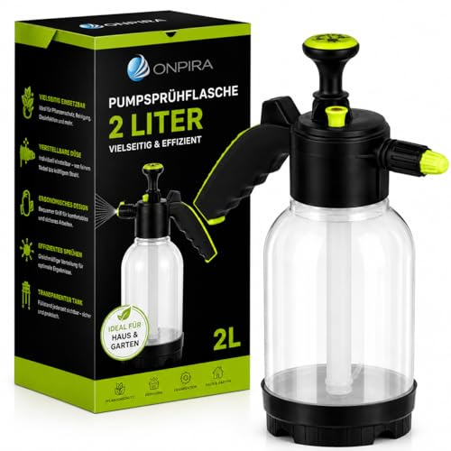 Onpira® Pumpsprühflasche 2L Transparent – Drucksprüher für Garten, Pflanzen & Reinigung – Sprühflasche mit Verstellbarer Düse, ergonomischem Griff & effizientem Pumpsystem