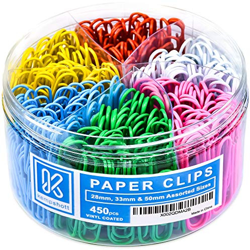 Kempshott 450 Color Paper Clips Assorted Sizes Small, Medium and Large Paper Clips for Paperwork Ideal for Home, School and Office Use (Assorted, Multicolored)