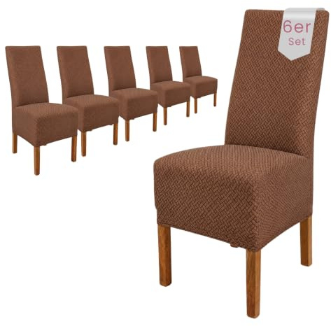 Scheffler Home Stuhlhussen Braun 6er Set Elastisch Luna-lang | Feine Microfaser-Stretch Stuhlbezüge, waschbar und pflegeleicht, für Hochlehner und Polsterstühle