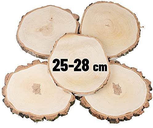 La Manuli Holzscheiben Rund, 5 Stück Groß, Durchmesser 25-28cm, 2.5 cm Dicke, Baumscheiben für DIY Handwerk, Tischdekoration, Gemälde, polierte Baumscheiben mit Rinde | Holzdeko zum basteln (5)