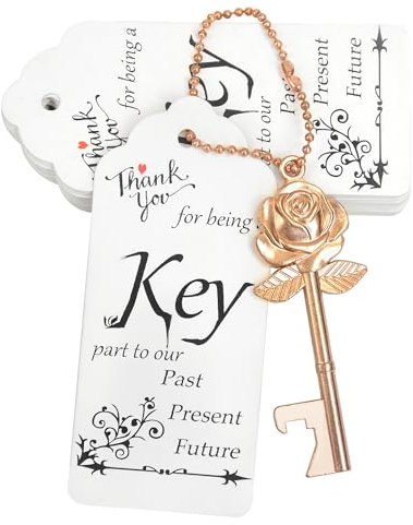 Aokbean 100 Sets Rose Flower Shaped Keys Wedding Favors Gift for Guest Bulk Skeleton Key Bottle Opener with Card and Chain for Rustic Party Bridal Showers Decorations (Rose Gold)